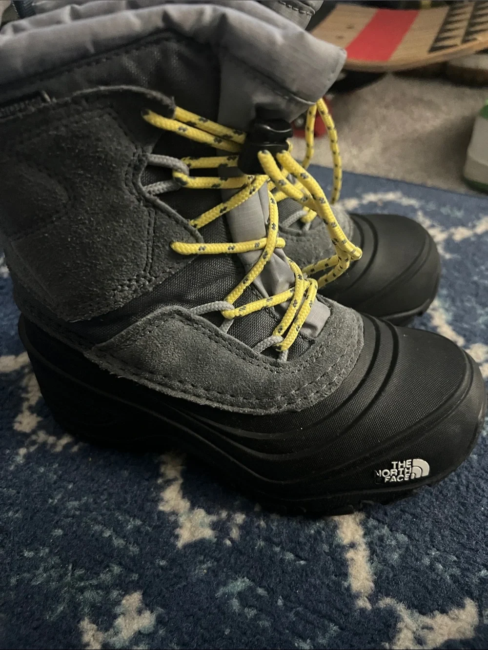 The North Face Kids Gray Suede Winter Boots with Yellow Laces